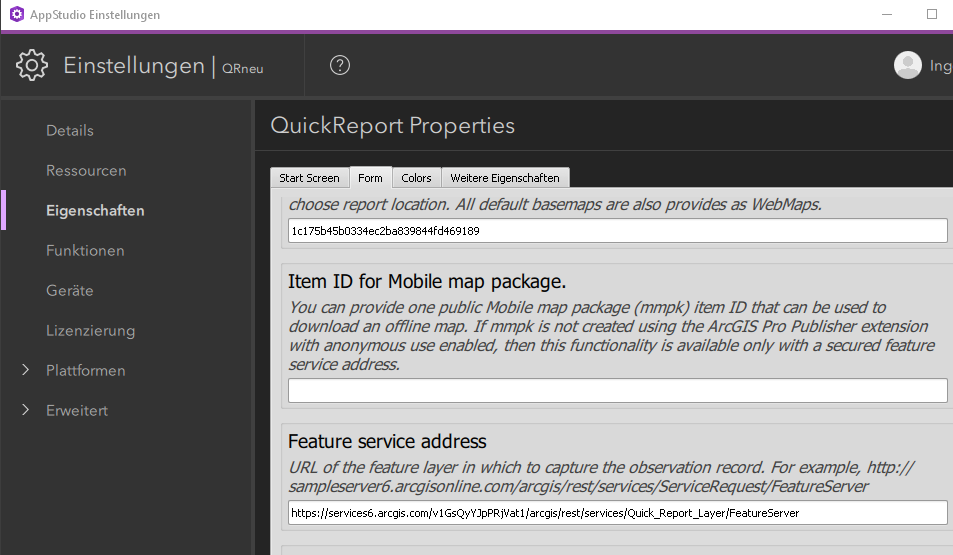 Konfiguration im AppStudio for ArcGIS